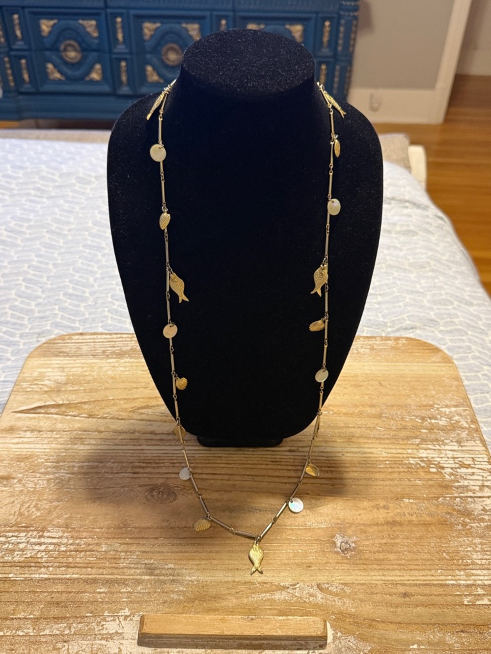 Vintage Gold Tone Beaded Fish Seashell Charm Long Statement Necklace